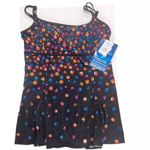 Great Lengths Swimdress Size 20 Plus Floral Black Tummy Control Extra Length NWT